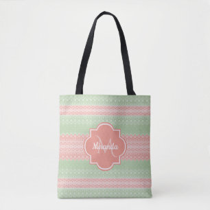 Girly Light Green Knit Coral Pink Stripes and Name Tote Bag