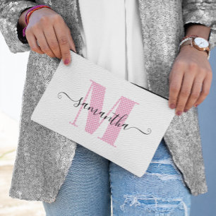 Girly Light Pink and White Polka Dot Monogram Accessory Pouch
