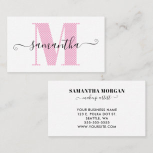 Girly Light Pink and White Polka Dot Monogram Business Card