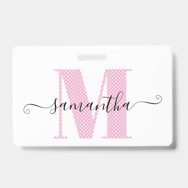 Girly Light Pink and White Polka Dot Monogram ID Badge (Front)