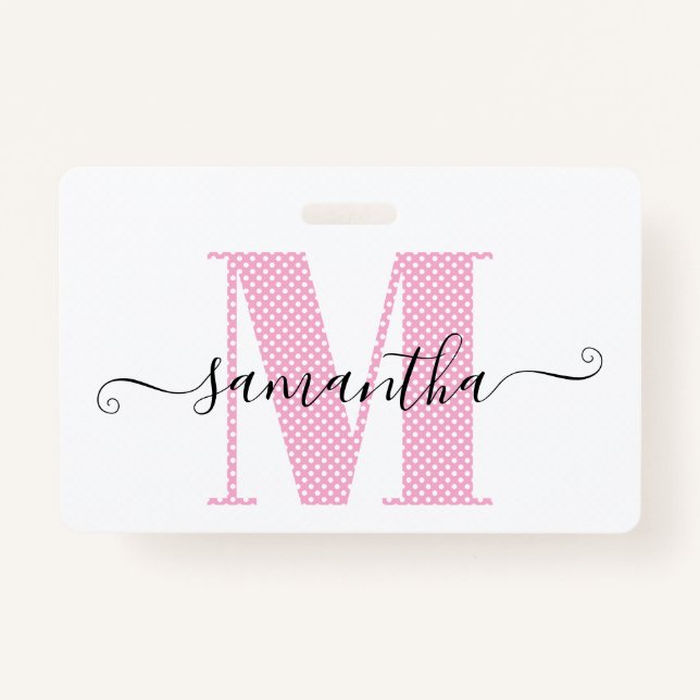 Girly Light Pink and White Polka Dot Monogram ID Badge (Front)