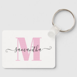 Girly Light Pink and White Polka Dot Monogram Key Ring