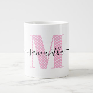 Girly Light Pink and White Polka Dot Monogram Large Coffee Mug