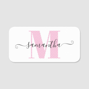 Girly Light Pink and White Polka Dot Monogram Name Tag