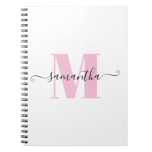 Girly Light Pink and White Polka Dot Monogram Notebook (Front)