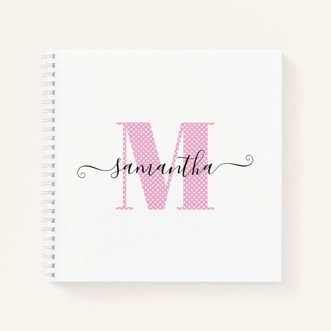 Girly Light Pink and White Polka Dot Monogram Notebook (Front)