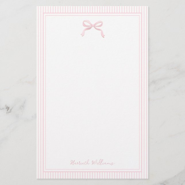 Girly Light Pink Bow and Stripes Border Stationery (Front)