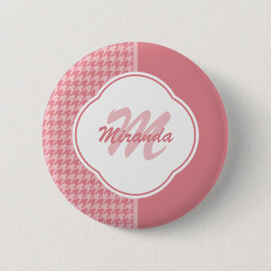 Girly Light Pink Houndstooth Monogram With Name 6 Cm Round Badge