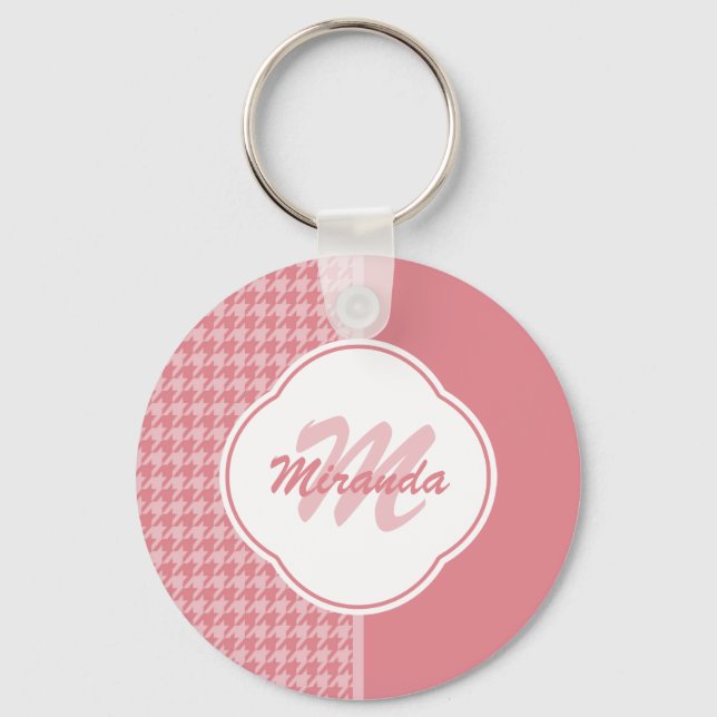Girly Light Pink Houndstooth Monogram With Name Key Ring (Front)