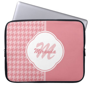 Girly Light Pink Houndstooth Monogram With Name Laptop Sleeve