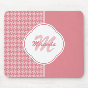 Girly Light Pink Houndstooth Monogram With Name Mouse Mat
