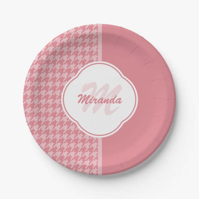 Girly Light Pink Houndstooth Monogram With Name Paper Plate (Front)