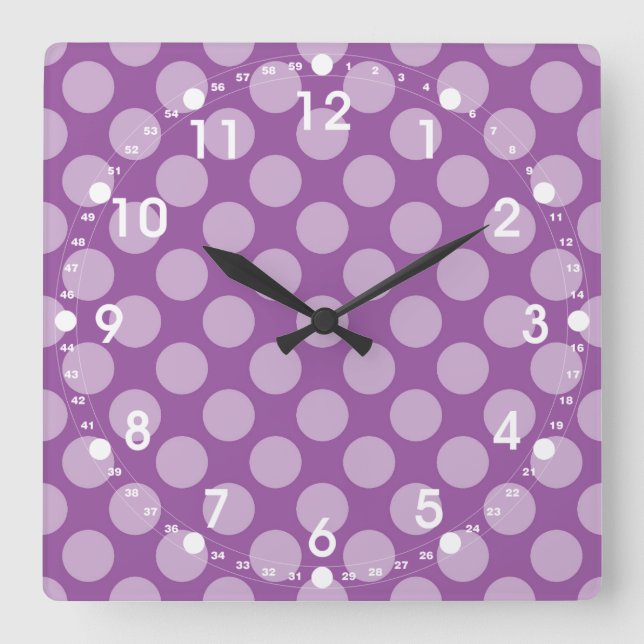 Girly Light Purple Polka Dots on Purple Cute Gifts Square Wall Clock (Front)