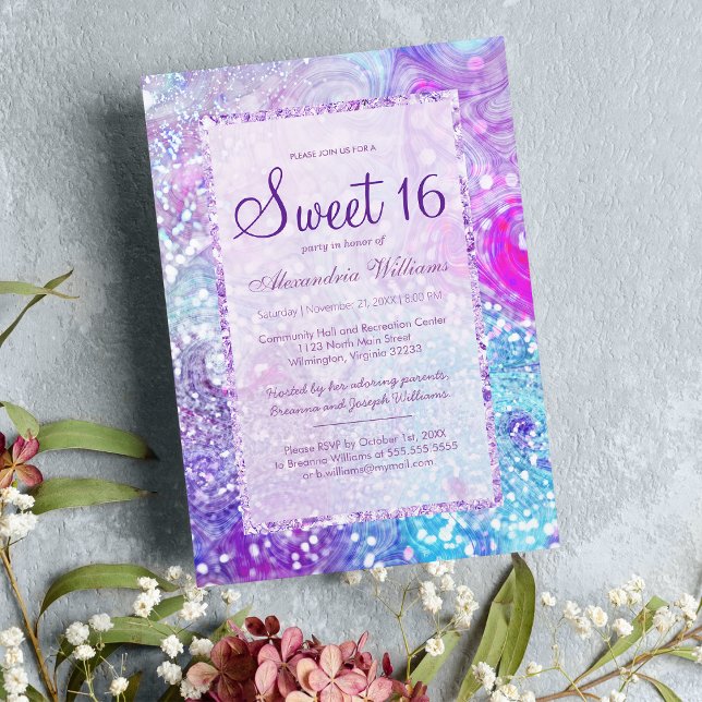 Girly lilac lavender teal marble glitter Sweet 16 Invitation (Girly lilac lavender teal marble glitter Sweet 16 Invitation )