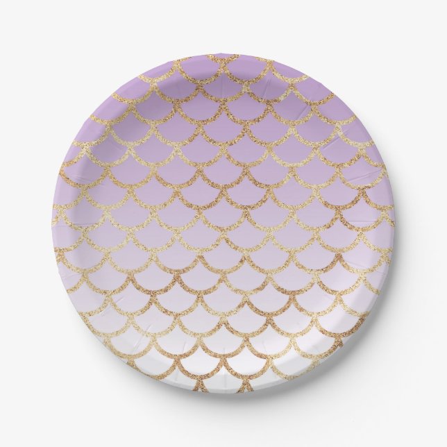 Girly Lilac Purple Gold Mermaid Glitter Sparkles Paper Plate (Front)