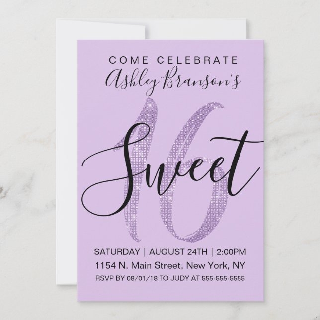 Girly Lilac Purple Sequin Glitter Sweet 16 Invitation (Front)