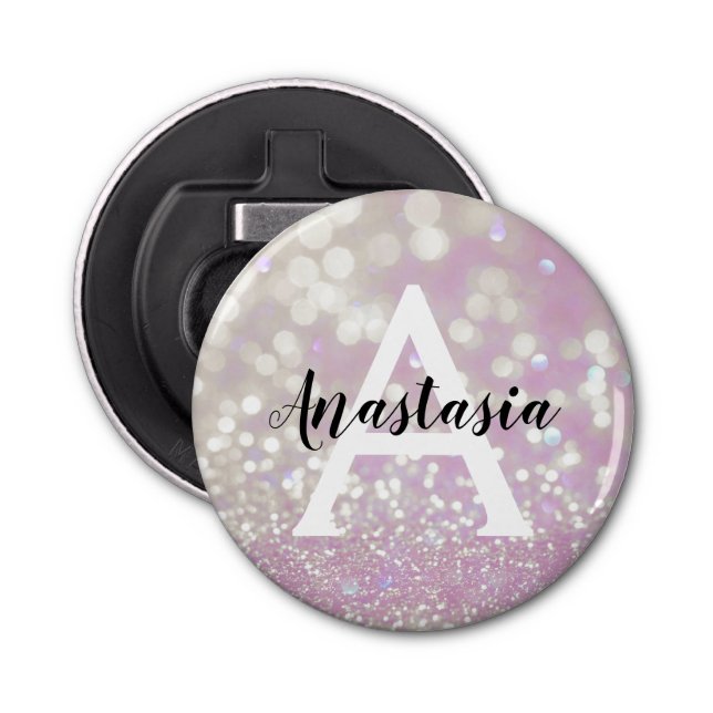 Girly Lilac Shimmer Glitter Sparkles Monogram Name Bottle Opener (Front)
