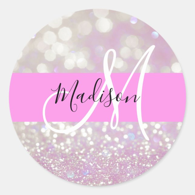 Girly Lilac Shimmer Glitter Sparkles Monogram Name Classic Round Sticker (Front)
