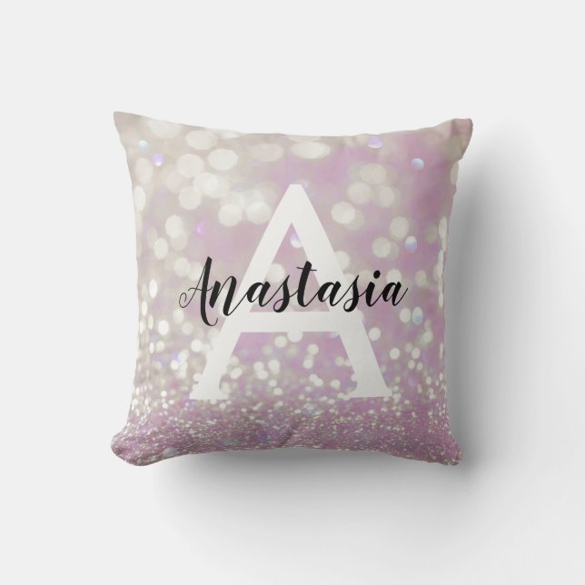 Girly Lilac Shimmer Glitter Sparkles Monogram Name Cushion (Front)