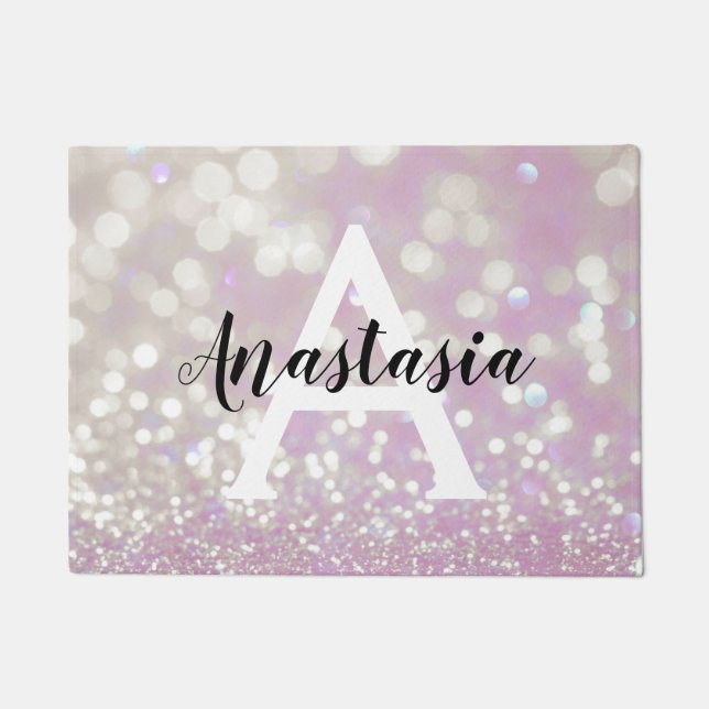 Girly Lilac Shimmer Glitter Sparkles Monogram Name Doormat (Front)