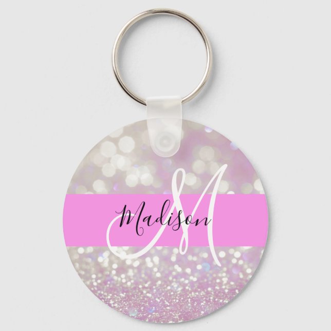 Girly Lilac Shimmer Glitter Sparkles Monogram Name Key Ring (Front)