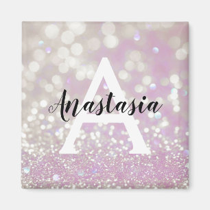 Girly Lilac Shimmer Glitter Sparkles Monogram Name Magnet