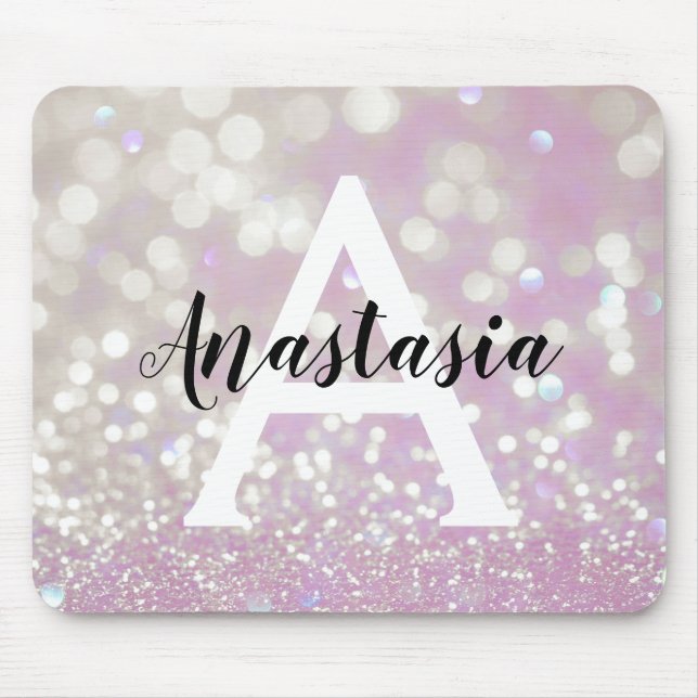 Girly Lilac Shimmer Glitter Sparkles Monogram Name Mouse Mat (Front)