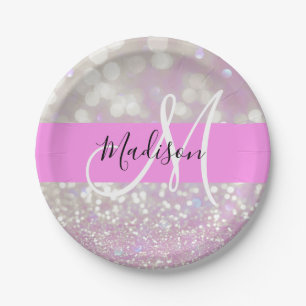 Girly Lilac Shimmer Glitter Sparkles Monogram Name Paper Plate