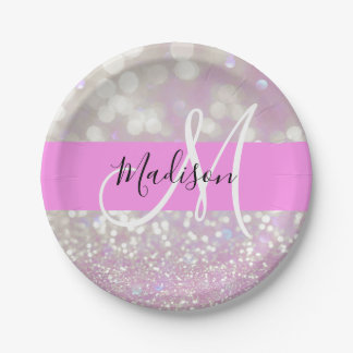 Girly Lilac Shimmer Glitter Sparkles Monogram Name Paper Plate