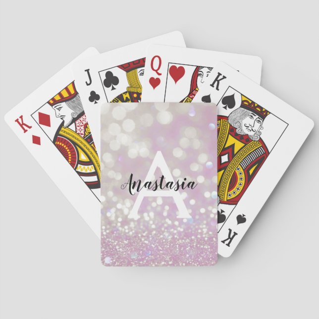 Girly Lilac Shimmer Glitter Sparkles Monogram Name Playing Cards (Back)