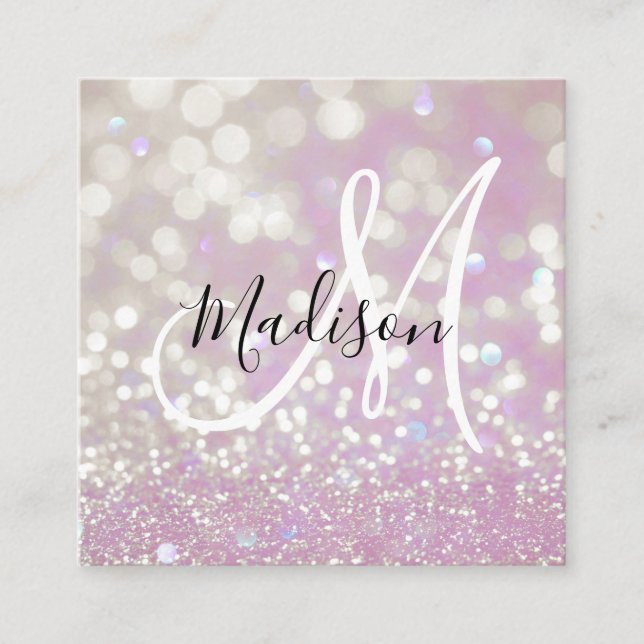Girly Lilac Shimmer Glitter Sparkles Monogram Name Square Business Card (Front)