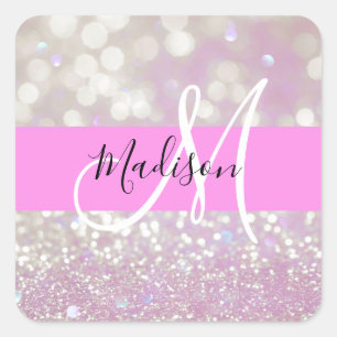Girly Lilac Shimmer Glitter Sparkles Monogram Name Square Sticker