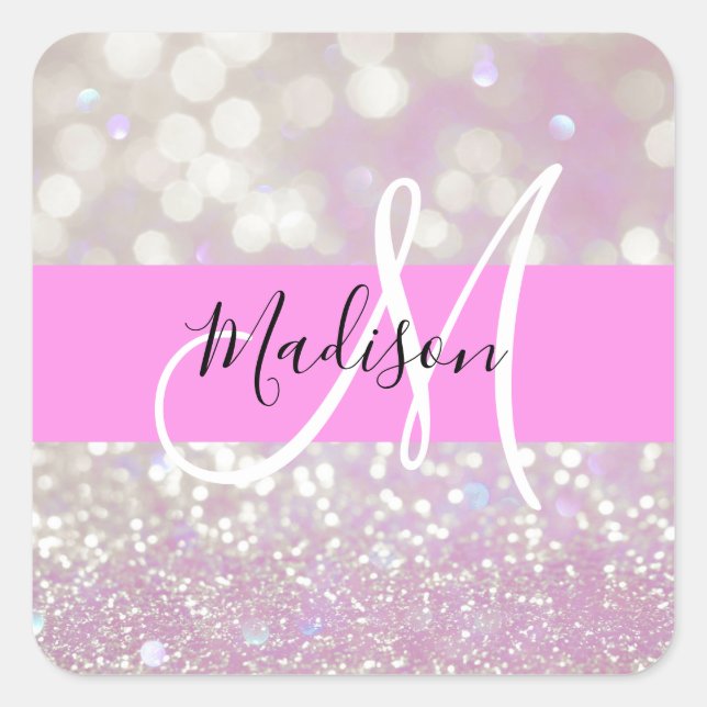 Girly Lilac Shimmer Glitter Sparkles Monogram Name Square Sticker (Front)