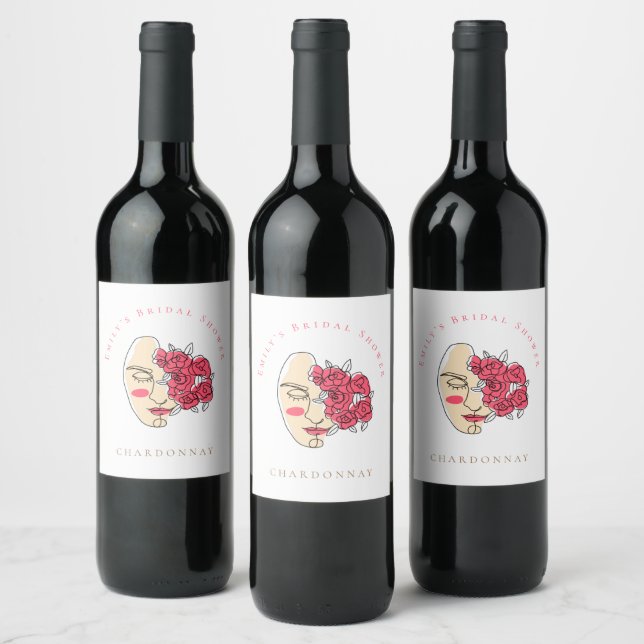 Girly Line Art Face Flowers Name Bridal Shower Wine Label (Bottles)