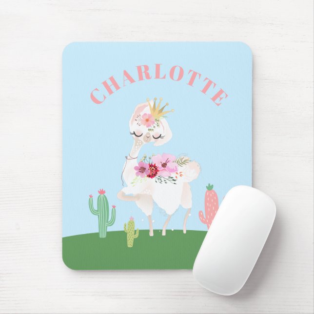 Girly Llama Floral Cactus Mouse Mat (With Mouse)