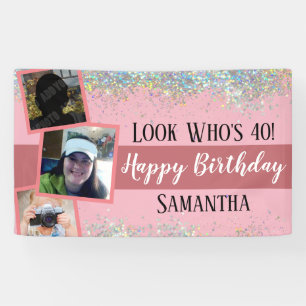 Girly Look Who's 40 Glitter Birthday pink Banner