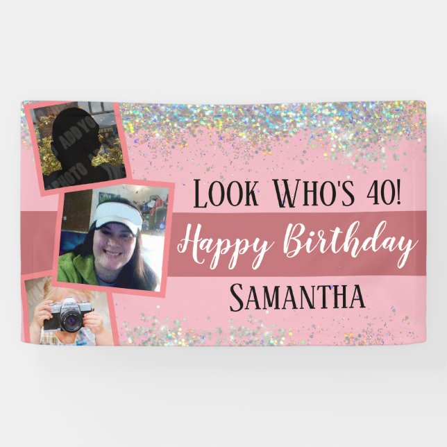 Girly Look Who's 40 Glitter Birthday pink Banner (Horizontal)