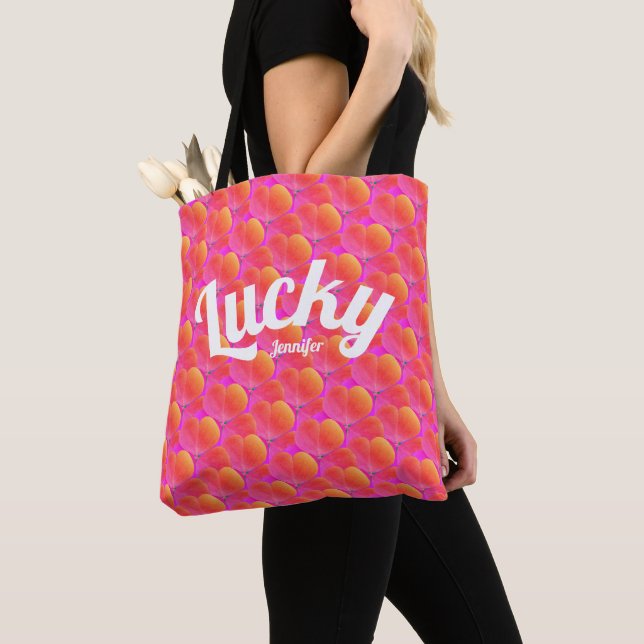 Girly Lucky Pink Clover  St Patrick Irish Pattern Tote Bag (Close Up)