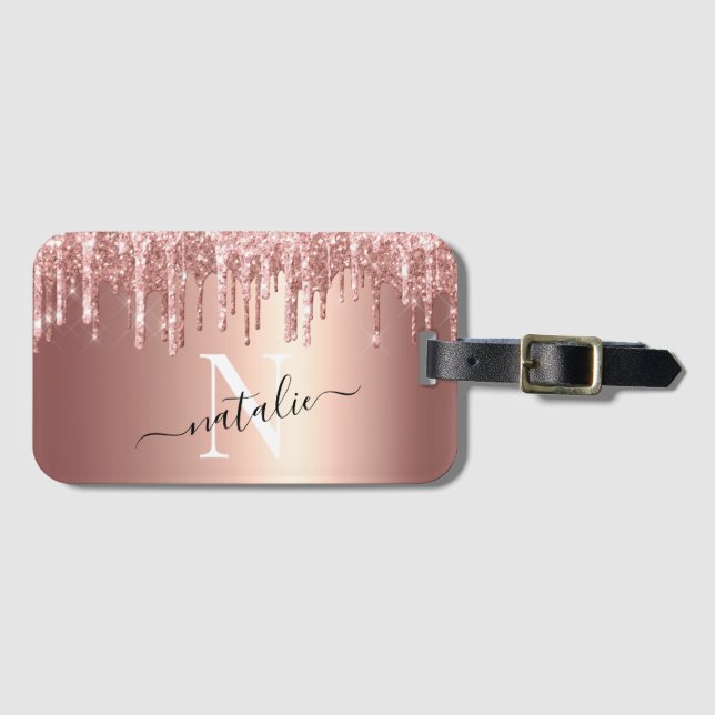 Girly Luxe Glitter Drip Foil Monogram Luggage Tag (Front Horizontal)