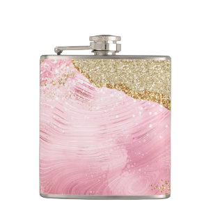 Girly Luxe Pink Agate w/Gold Glitter Hip Flask