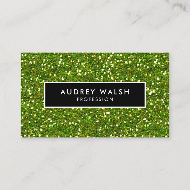 Girly Luxury Green Glam glitter and  Black Business Card (Front)