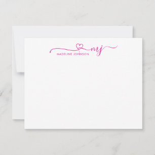 Girly Magenta Pink Heart Script Name Monogram Card