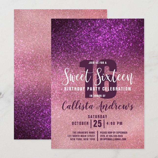 Girly Magenta Pink Triple Glitter Ombre Sweet 16 Invitation (Front/Back)