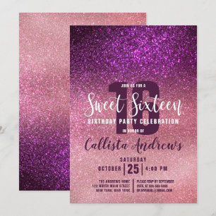 Girly Magenta Pink Triple Glitter Ombre Sweet 16 Invitation