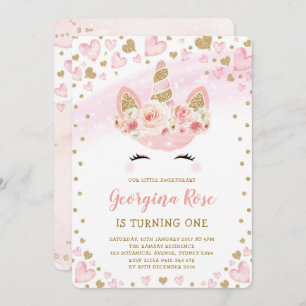 Girly Magical Unicorn Birthday Pink Gold Hearts Invitation