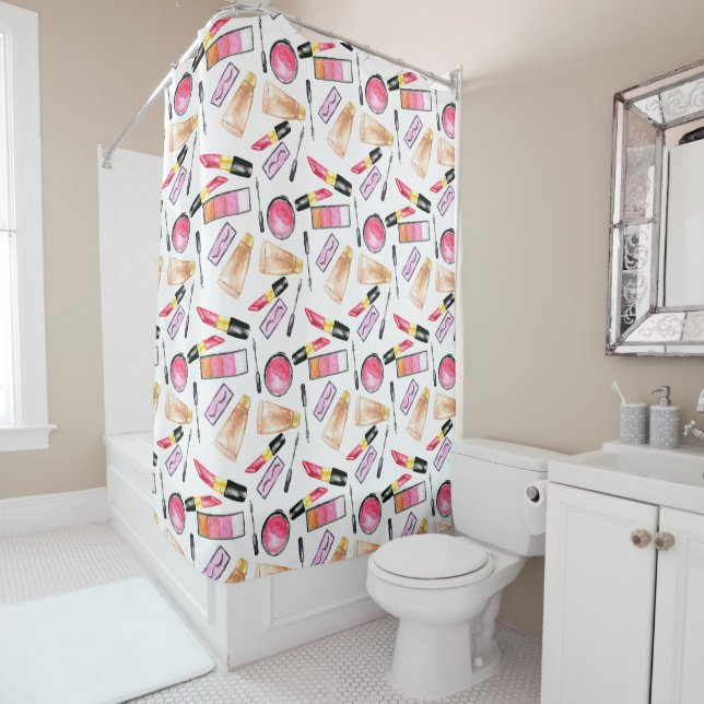 Girly Makeup Cosmetics Chic Lipstick Mascara Girls Shower Curtain (In Situ)