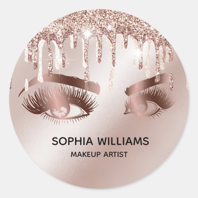 girly makeup eyes rose gold drips glitter classic round sticker (Front)