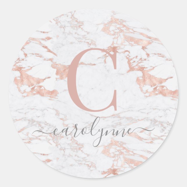 Girly Marble and Chic Rose Gold Foil Monogram Classic Round Sticker (Front)