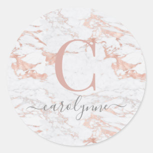 Girly Marble and Chic Rose Gold Foil Monogram Classic Round Sticker