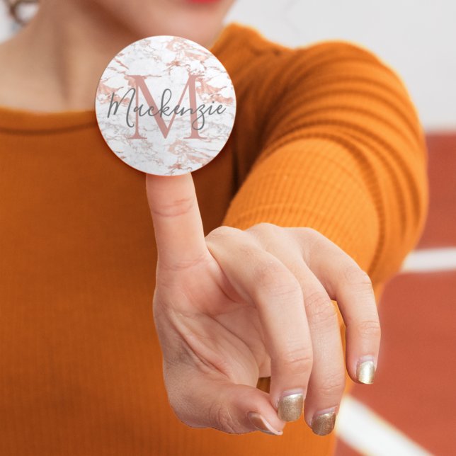 Girly Marble and Rose Gold Foil Monogram Classic Round Sticker (Creator Uploaded)